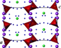 Structure de la francevillite, projetée sur le plan (a, c). Violet : U, rouge : V, vert : Ba et Pb, bleu : O. Les atomes d'hydrogène ne sont pas représentés.