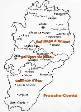 Représentation cartographique des divisions administratives des Vosges et du Jura au XIVe siècle.
