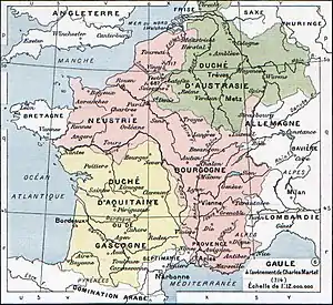 Le regnum francorum et l'Aquitaine/Gascogne à l'avènement de Charles Martel (714). Le vaste duché d'Aquitaine (jaune) était indépendant des royaumes francs.