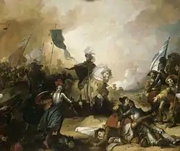 Tableau représentant la fin d'une bataille avec des soldats couchés au sol, des soldats debout et un roi sur son cheval