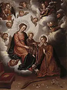 Dans un nuage entouré d'anges, une Vierge à l'enfant devant Inès agenouillée