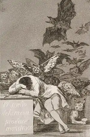 Gravure en noir et blanc montrant un jeune homme endormi sur son bureau et des animaux inquiétants surgissant derrière lui