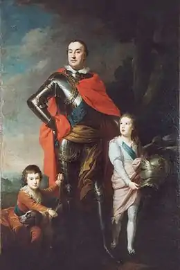 Portrait d'un homme en armure, deux enfants à ses pieds.