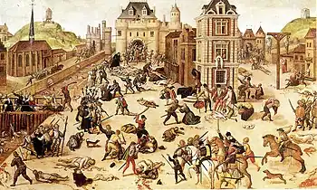 Scène de massacre montrant une centaine de personnages en train de se faire égorger dans une rue de Paris.