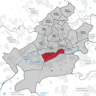 Carte situant l'arrondissement (en rouge) au sein du reste de la ville (en gris)