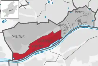 Carte situant le quartier (en rouge) au sein l'arrondissement (en gris foncé) et du reste de la ville (en gris clair)