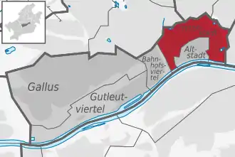 Carte situant le quartier (en rouge) au sein l'arrondissement (en gris foncé) et du reste de la ville (en gris clair)