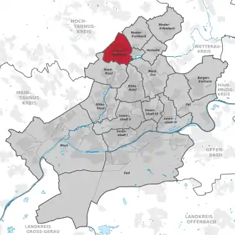 Carte situant l'arrondissement (en rouge) au sein du reste de la ville (en gris)