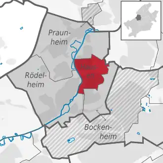 Carte situant le quartier (en rouge) au sein l'arrondissement (en gris foncé) et du reste de la ville (en gris clair)