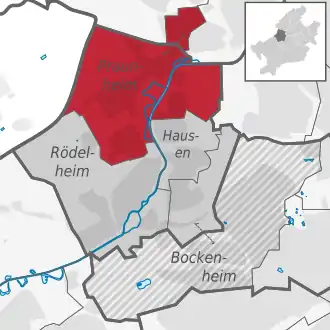 Carte situant le quartier (en rouge) au sein l'arrondissement (en gris foncé) et du reste de la ville (en gris clair)