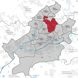 Carte situant l'arrondissement (en rouge) au sein du reste de la ville (en gris)