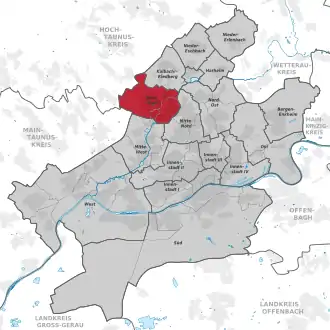 Carte situant l'arrondissement (en rouge) au sein du reste de la ville (en gris)