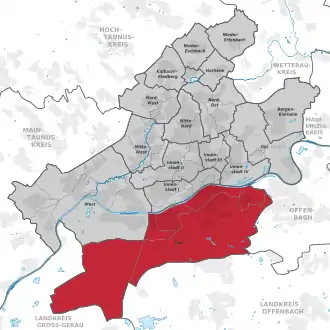 Carte situant l'arrondissement (en rouge) au sein du reste de la ville (en gris)