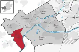 Carte situant le quartier (en rouge) au sein l'arrondissement (en gris foncé) et du reste de la ville (en gris clair)