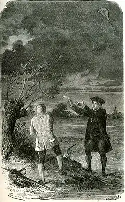 Gravure en noir et blanc. Deux hommes se tiennent debout face à un nuage chargé d'électricité