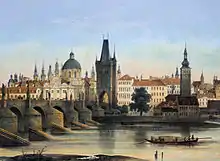 Dessin : un pont enjambant la Vltava et la tour gothique