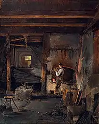 Une forge à Gosau (1834), huile sur carton, 28.8 x 23.5 cm