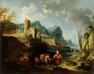 Littoral avec voyageurs et une ville (vers 1720)