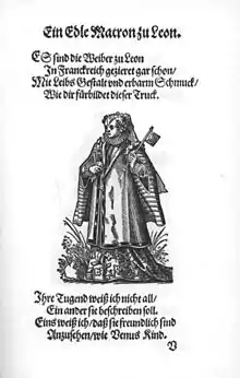 Image en noir et blanc figurant une femme vêtue à la mode Renaissance, tenant en main gauche un drapeau.