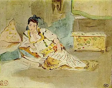 Femmes d'Alger (étude). 1832, 10 × 13 cm, Louvre (Mounay ben Sultane, femme de gauche)