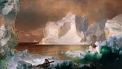 Peinture d'icebergs, avec un iceberg blanc dominant le centre de l'œuvre, et des icebergs noir ou d'un bleu sombre, encadrant le tout. Le tableau est peint dans un style suggestif plutôt que minutieux.