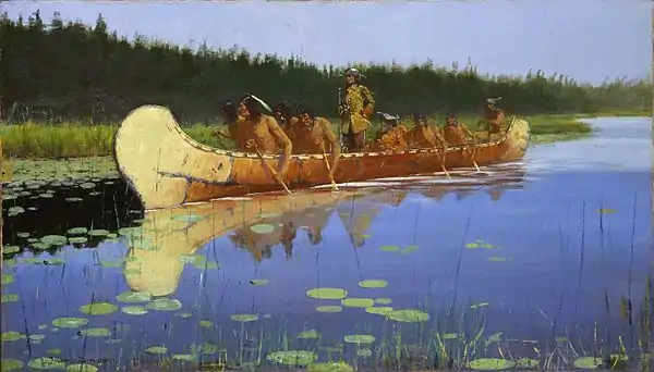Grand canoë, peinture de Remington, 1905.