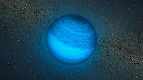 Vue d'artiste en infrarougede CFBDSIR 2149-0403Nick Risinger, « Vue d’artiste de la planète errante CFBDSIR J214947.2-040308.9 », sur eso.org, 14 novembre 2012 (consulté le 19 novembre 2012)..(En arrière-plan, une image du centre de la Voie lactée prise par le télescope VISTA).