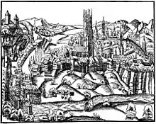 Estampe de 1548 de Johannes Stumpf publié dans les Voelckeren Chronick wirdiger thaaten Beschreybung représentant la ville de Fribourg en noir et blanc.