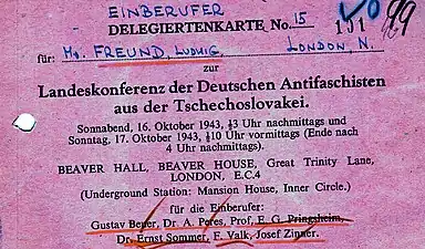 Carte au nom de Ludwig Freund pour une conférence d'anti-fascistes allemands sur la Tchécoslovaquie, octobre 1943, Londres