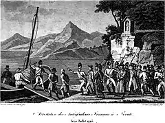 gravure : un groupe de soldats, font monter des prisonniers sur un petit navire pour traverser le lac Mezzola