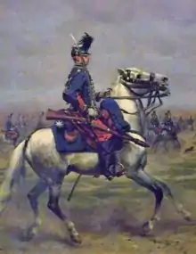 Peinture en couleur, avec au premier plan un cavalier en grande tenue.