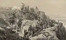 Gravure de zouaves escaladant les blocs rocheux sur le flanc d'une colline.
