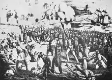 Gravure en noir et blanc montrant une troupe de soldats rassemblés au pied d’un fort.