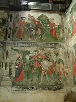 Mériadec donnant ses biens aux pauvres (en haut) et priant le vicomte de Rohan de poursuivre les voleurs (en bas).