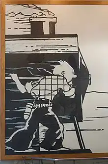 Dessin en noir sur fond blanc montrant Tintin accroché à l'avant d'une locomotive en mouvement.