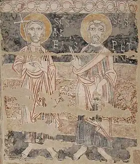 Saint André et Saint Pierre en l'église semi-rupestre de Vals, Ariège.