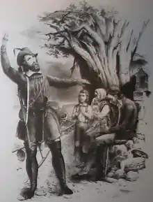 Dessin en noir et blanc, Hecker est représenté sous les traits de Robin des bois à gauche de l'image levant une main au ciel.
