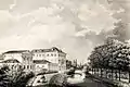 Friedrichsbad de Düsseldorf sur la Düssel, à droite la Seufzerallee (collection Musée de la maison thermale de Clèves (de))