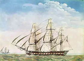 Tableau stylisé de la frégate américaine l’Essex, représenté de bâbord avec ses canons sortis, dans les îles Galapagos.