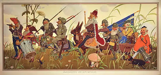 Un roi nain monté sur un écureuil, encadré par quatre soldats dont deux montés sur des grenouilles, quatre autres personnages dont deux musiciens nains, circulant au milieu d’herbes et d’insectes à leur taille.
