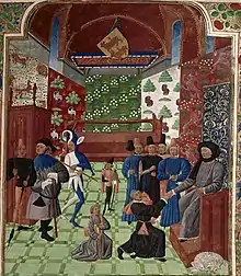 Illustration en couleurs d'un homme s'agenouillant devant un prince au milieu d'une grande salle.
