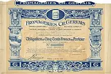 Obligation des Fromageries Ch. Gervais de 500 francs, daté du 29 mai 1920 (pièce d'archives non émise)