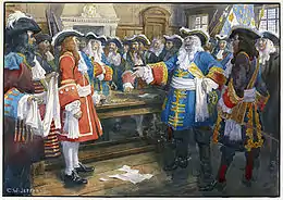 Le gouverneur Frontenac répondant à l’ultimatum de William Phips, gouverneur du Massachusetts, à la bataille de Québec de 1690, par sa célèbre phrase : « La seule réponse que je ferai à votre général viendra de la bouche de mes canons et du feu de mes mousquets », tableau.