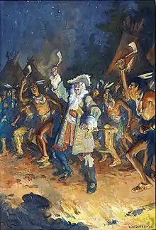 Le gouverneur Frontenac dansant la guerre avec les Autochtones en 1690.