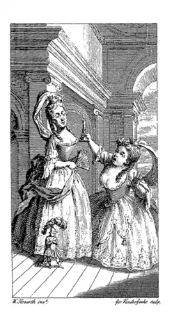 Frontispice. Deux reines géantes, l'une levant un chandelier, dominent un homme minuscule.