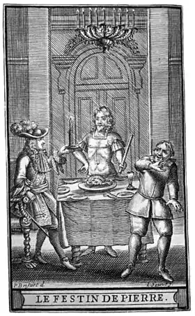 Frontispice du Festin de Pierre dessiné par Pierre Brissart et gravé par Jean Sauvé pour l'édition posthume (1682) des œuvres de Molière. L'illustration montre Dom Juan, Sganarelle et la statue du Commandeur (Acte IV, scène 8).