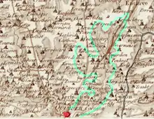 Le bassin du Frout au XVIIIe siècle, entouré de vert, d'après la Carte de Cassini (feuille 171).En rouge, la ville close de Quimper.