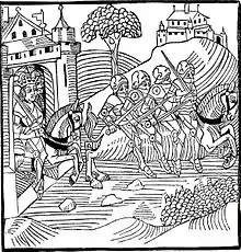 Gravure en noir et blanc, montrant quatre chevaliers sur un même cheval, s'échappant d'une forteresse, poursuivis par un personnage couronné et d'autres