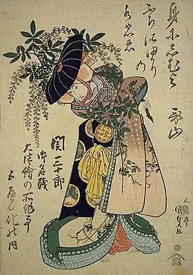 Seki Sanjuro IIe jouant la jeune fille à la glycine au Nakamura-za, estampe d'Utagawa Kunisada vers 1826.