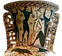 Amphore funéraire. Protoattique moyen, mi-VIIe. Détail : Ulysse et ses hommes aveuglant Polyphème. H. du col 42 cm. Musée d'Eleusis
